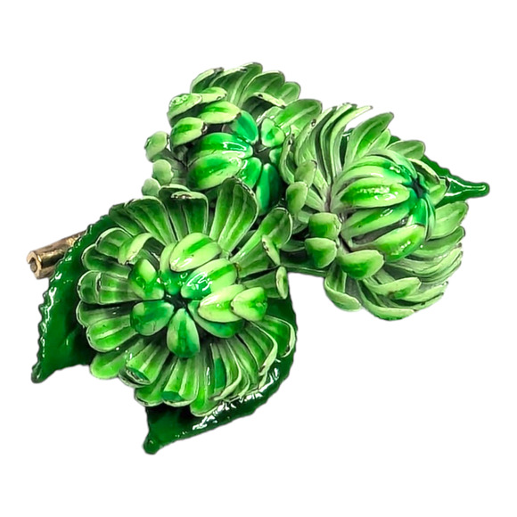 Green Enamel Chrysanthemum Flower Brooch Pin Floral Vtg Estate Jewelry 60s 70s - Picture 4 of 6